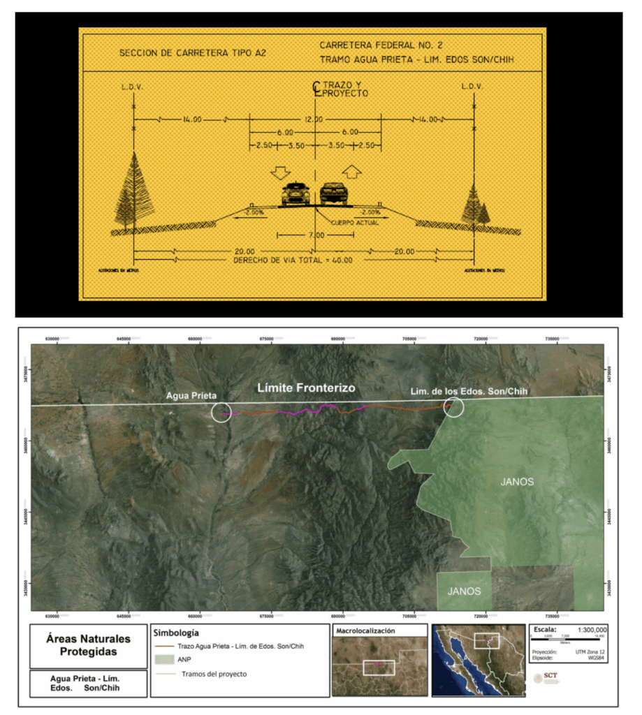 Así se planeaba ampliar el camino en dos tramos de la carretera que conecta a los municipios fronterizos de Janos, Chihuahua, y Agua Prieta, Sonora. Imagen: Manifestación de Impacto Ambiental del Proyecto de Modernización y Ampliación de la carretera a Agua Prieta